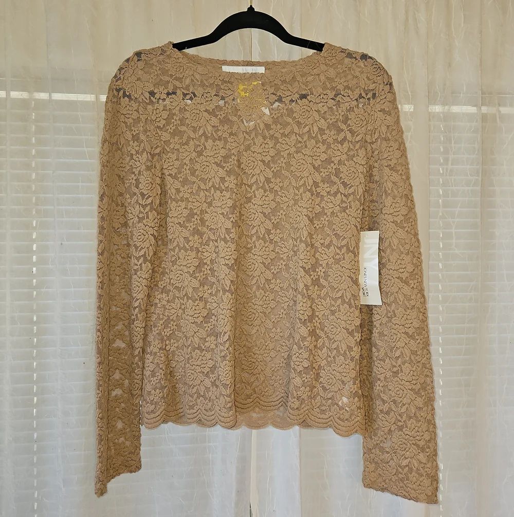 Jones New York Sport Stretch Tan Floral Lace Long-Sleeve Top